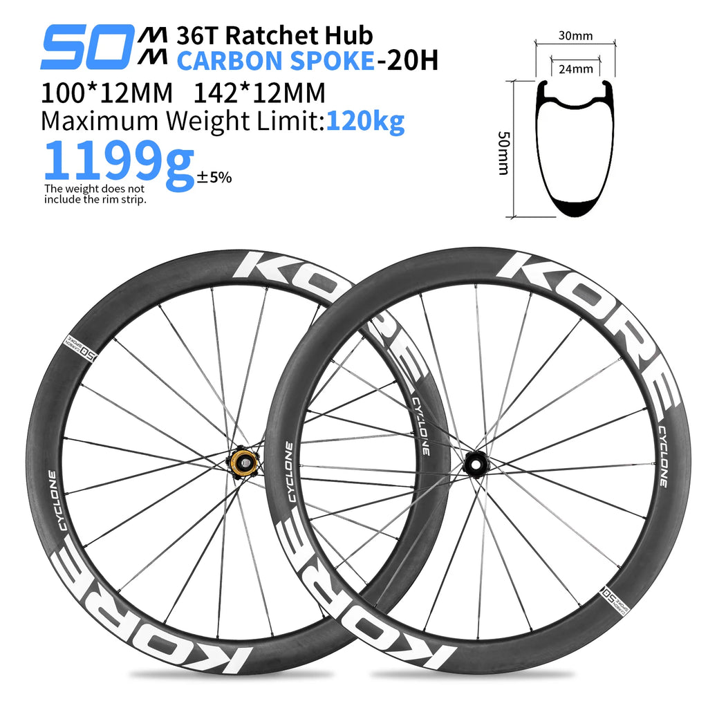 KORE CYCLONE 50mm Carbon Spoke Wheelset — 1199g