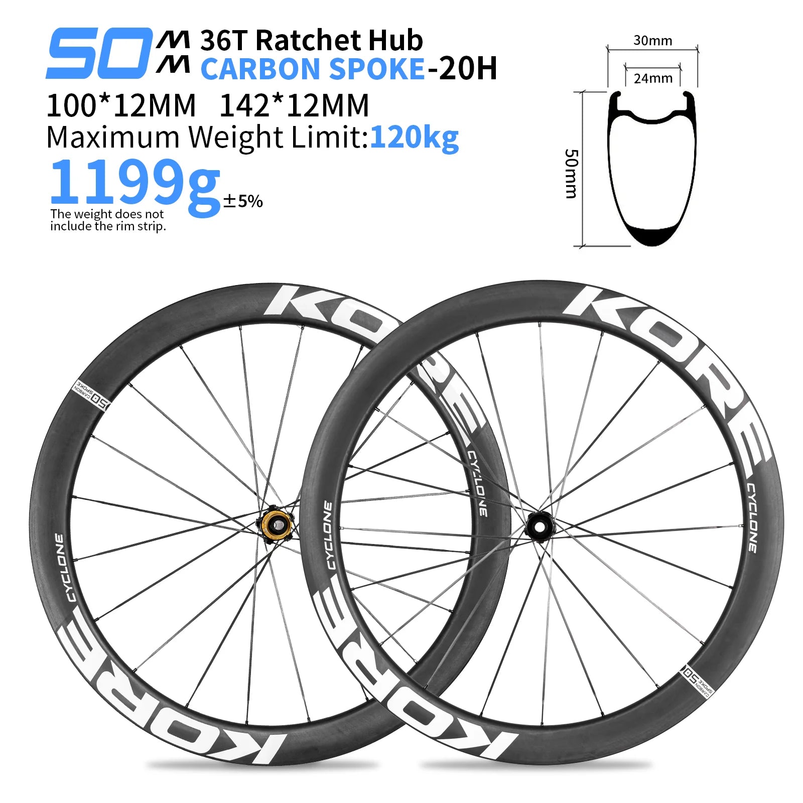 KORE CYCLONE 50mm Carbon Spoke Wheelset — 1199g