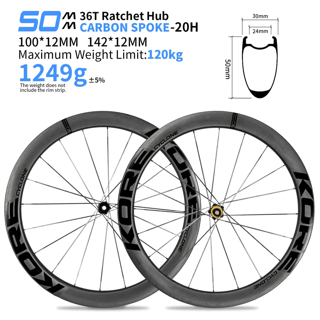 KORE CYCLONE Black 50mm Carbon Spoke Wheelset — 1249g