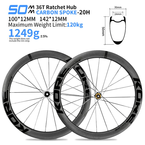 KORE CYCLONE Black 50mm Carbon Spoke Wheelset — 1249g