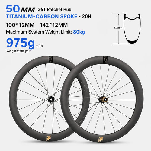 KORE lite 50mm Carbon Wheelset — 975g — Titanium-Carbon Spokes