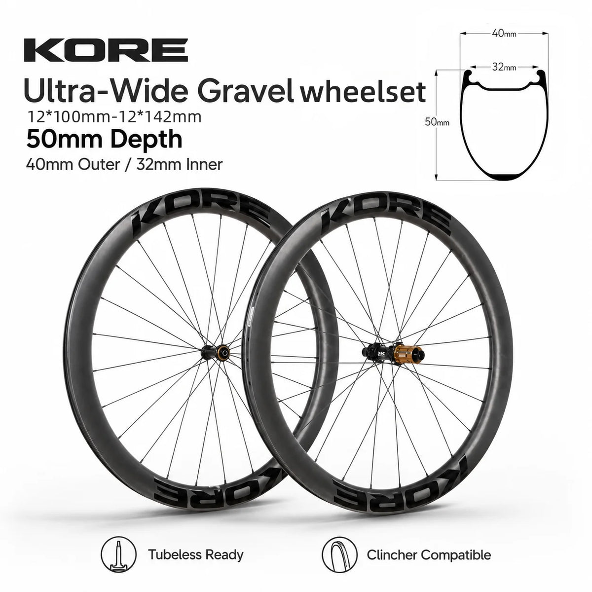 KORE TITAN 50mm Gravel Carbon Wheelset — 32mm Inner — 1325g