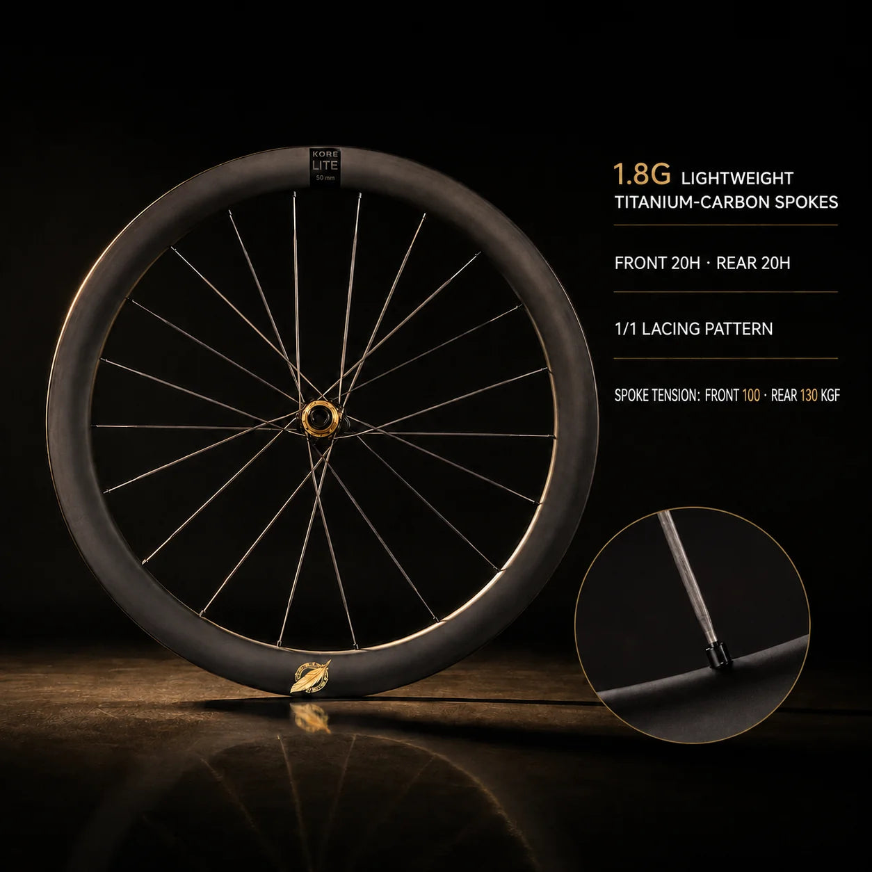 KORE lite 50mm Carbon Wheelset — 975g — Titanium-Carbon Spokes