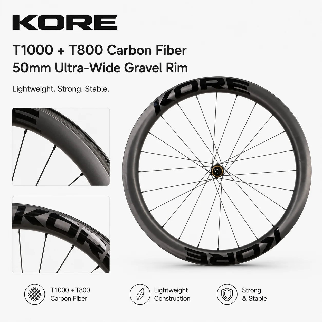 KORE TITAN 50mm Gravel Carbon Wheelset — 32mm Inner — 1325g