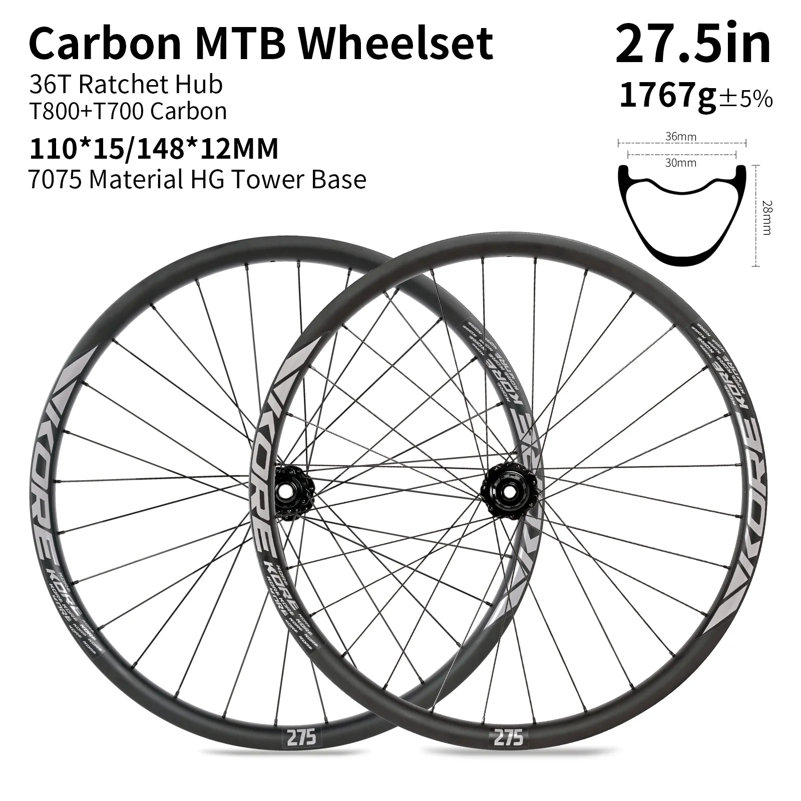KORE 28mm MTB Carbon Wheelset 27.5in BOOST