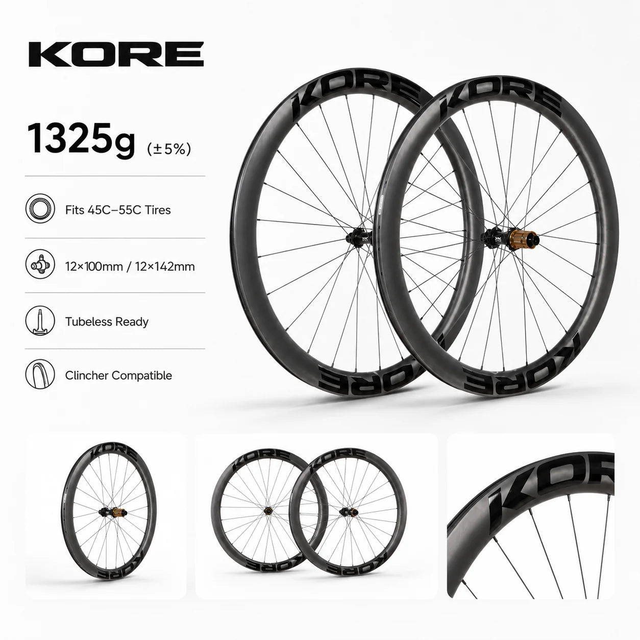 KORE TITAN 50mm Gravel Carbon Wheelset — 32mm Inner — 1325g