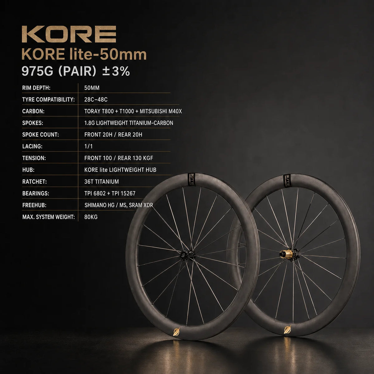 KORE lite 50mm Carbon Wheelset — 975g — Titanium-Carbon Spokes