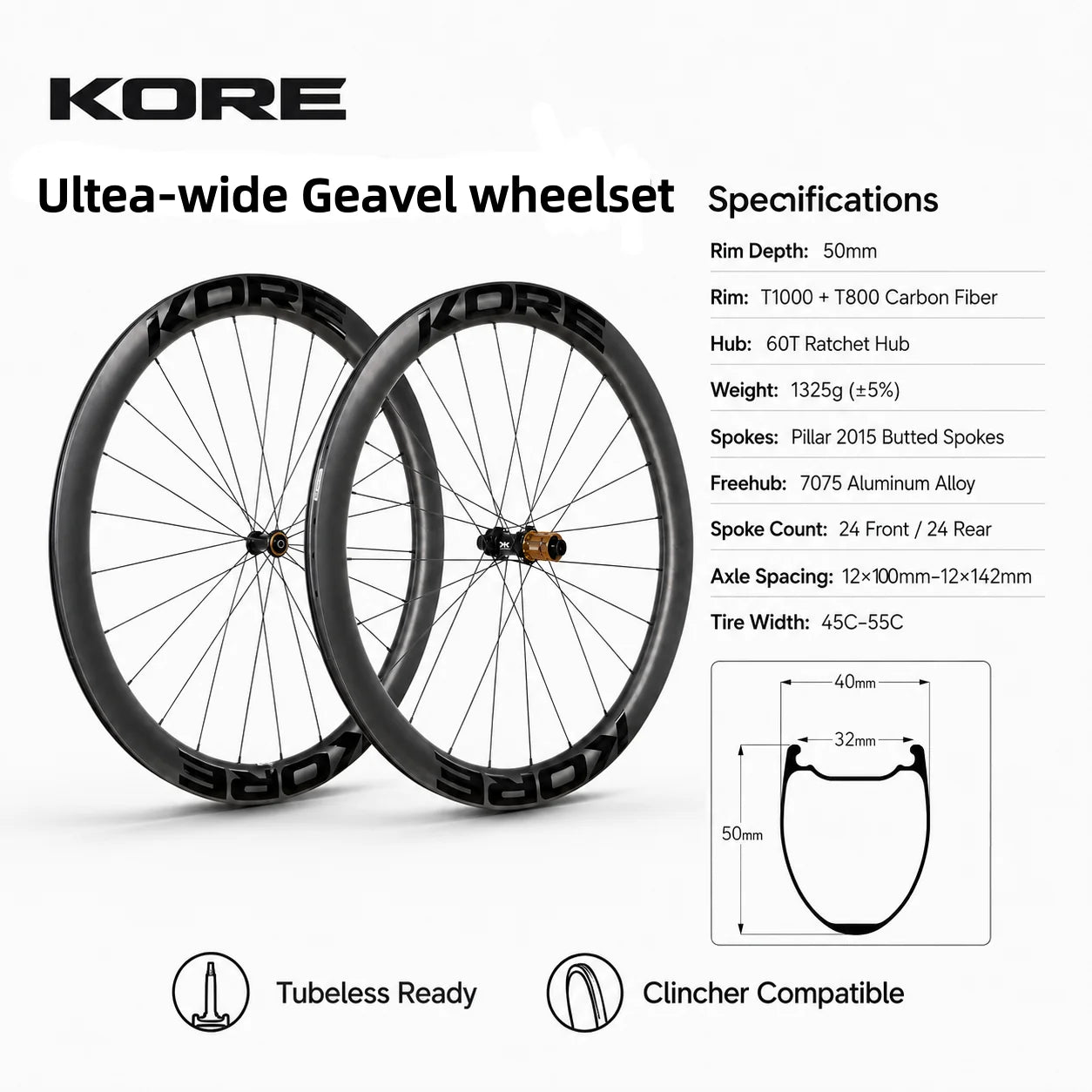 KORE TITAN 50mm Gravel Carbon Wheelset — 32mm Inner — 1325g
